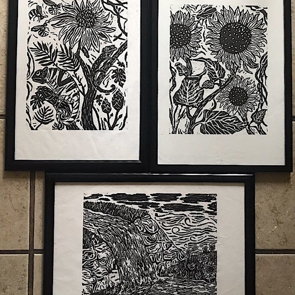 Handmade wood prints 9x12 drawing on 12x18 paper.